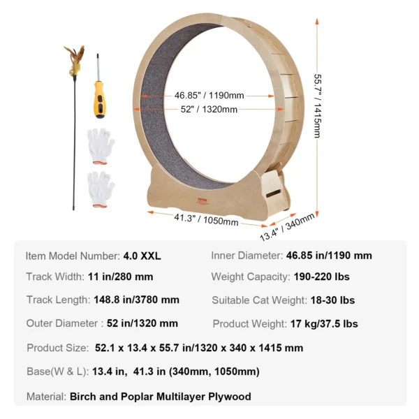 VEVOR Cat Exercise Wheel Natural Wood Silent Running Toy Treadmill Roller Wheel with Detachable Carpet for Most Cats Pet Fitness - Image 4