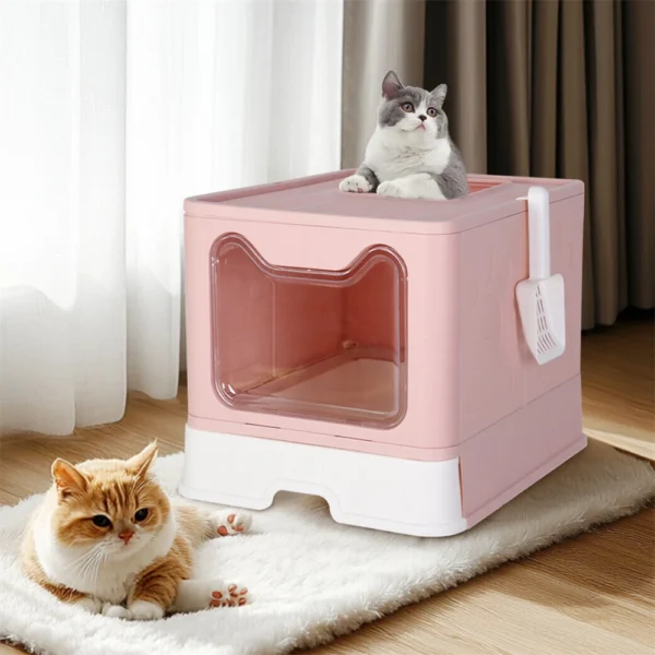 Large Pink Cat Litter Box Tray Top Entry Cat Toilet with Lid Hooded Kitten Litter Drawer Tray with Scoop No Smell Easy Cleaning - Image 2