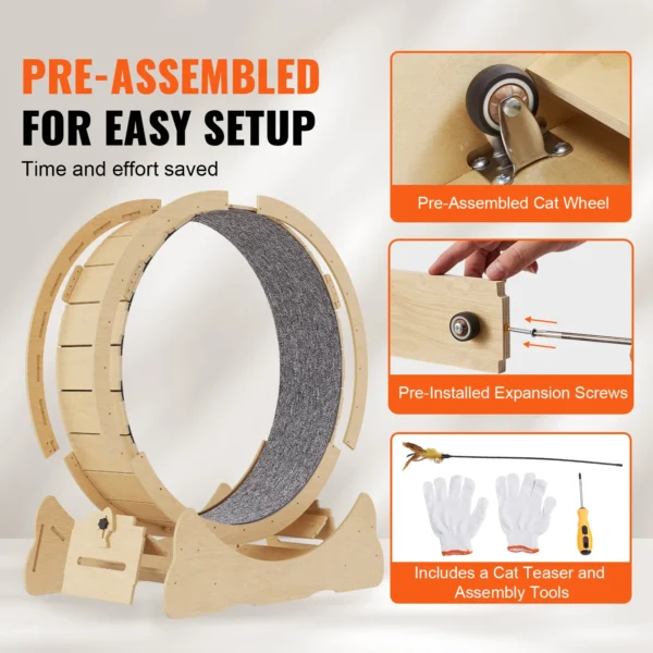 VEVOR Cat Exercise Wheel Natural Wood Silent Running Toy Treadmill Roller Wheel with Detachable Carpet for Most Cats Pet Fitness - Image 9