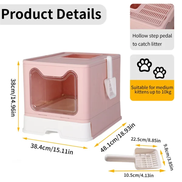Large Pink Cat Litter Box Tray Top Entry Cat Toilet with Lid Hooded Kitten Litter Drawer Tray with Scoop No Smell Easy Cleaning - Image 5