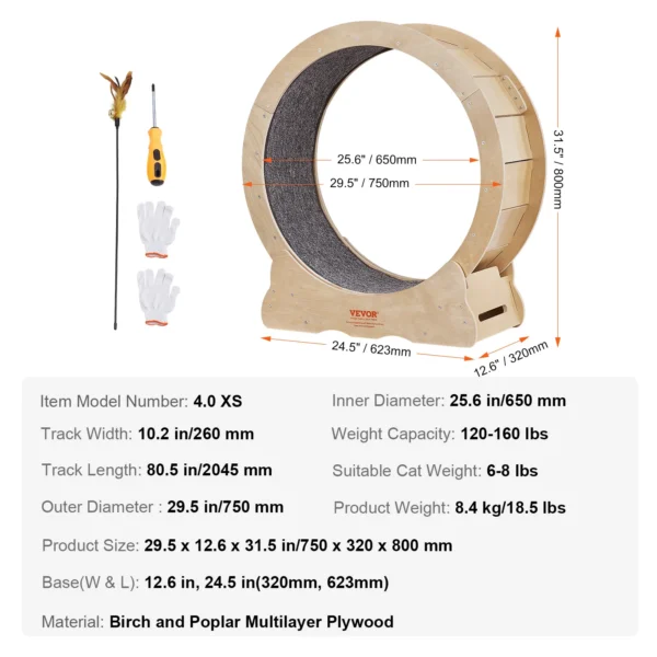 VEVOR Cat Exercise Wheel Natural Wood Silent Running Toy Treadmill Roller Wheel with Detachable Carpet for Most Cats Pet Fitness - Image 2